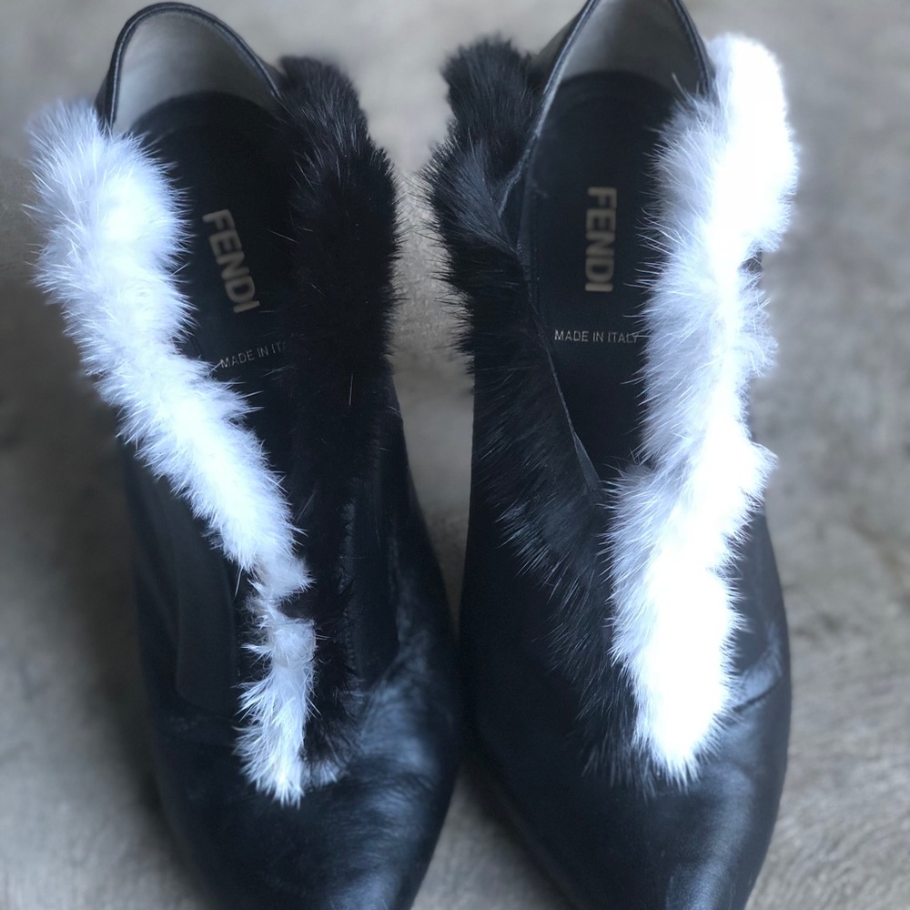 FENDI black and white fur trim ankle boots